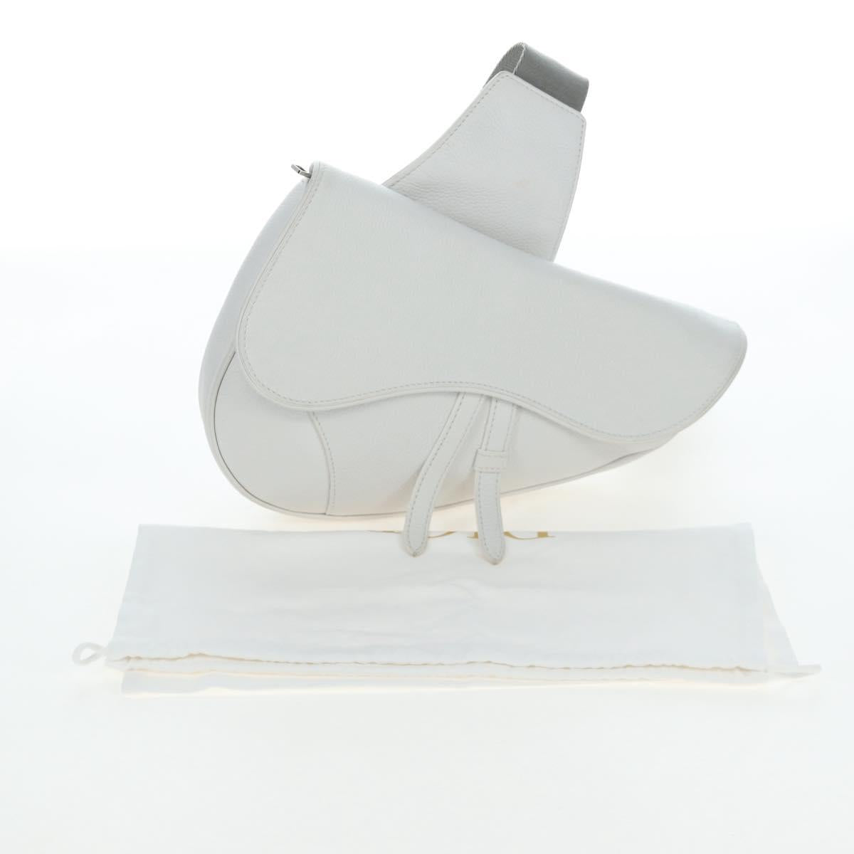 Christian Dior Saddle Shoulder Bag Leather White Silver Auth 202179V