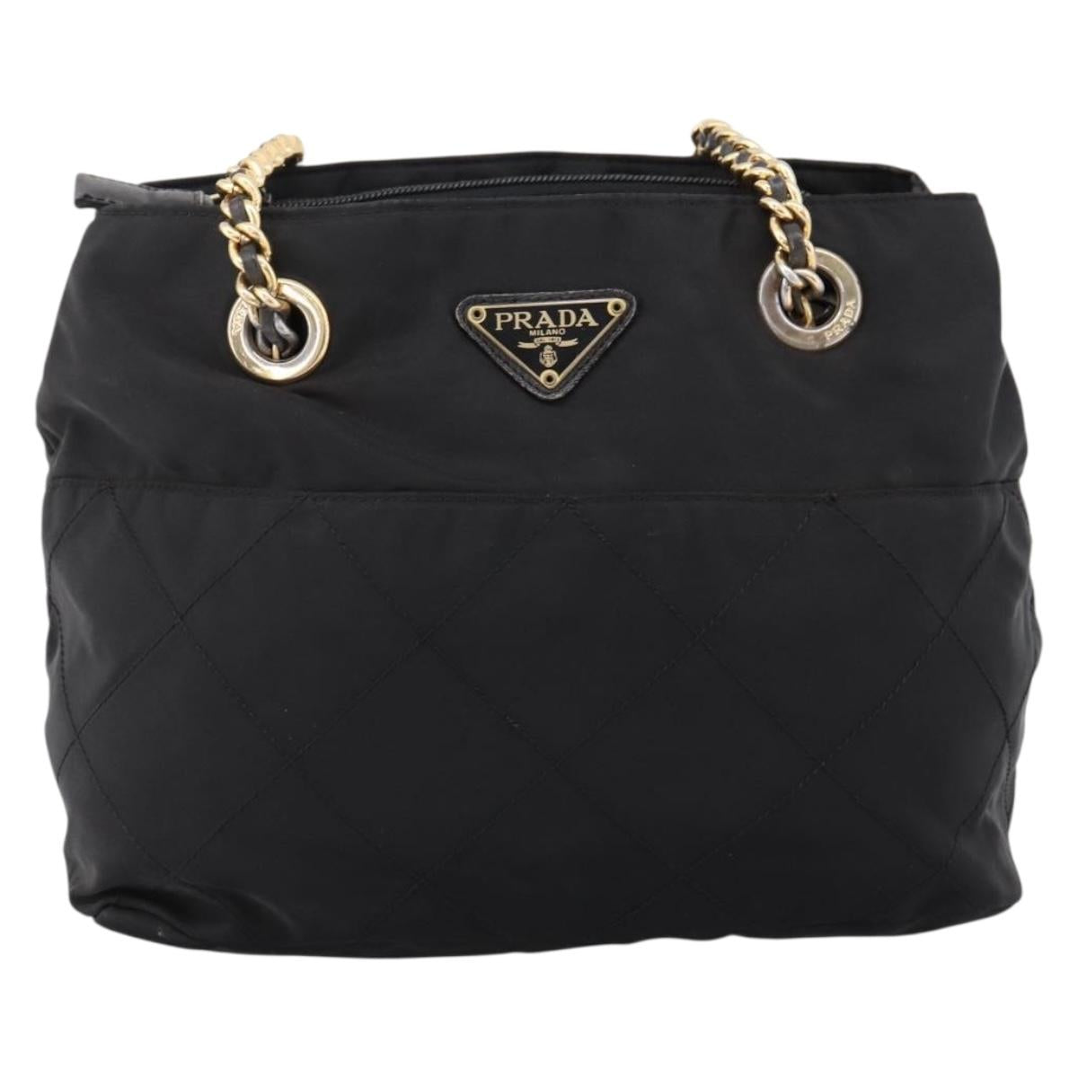PRADA Chain Shoulder Bag Nylon Black Gold Tone Auth 202186A