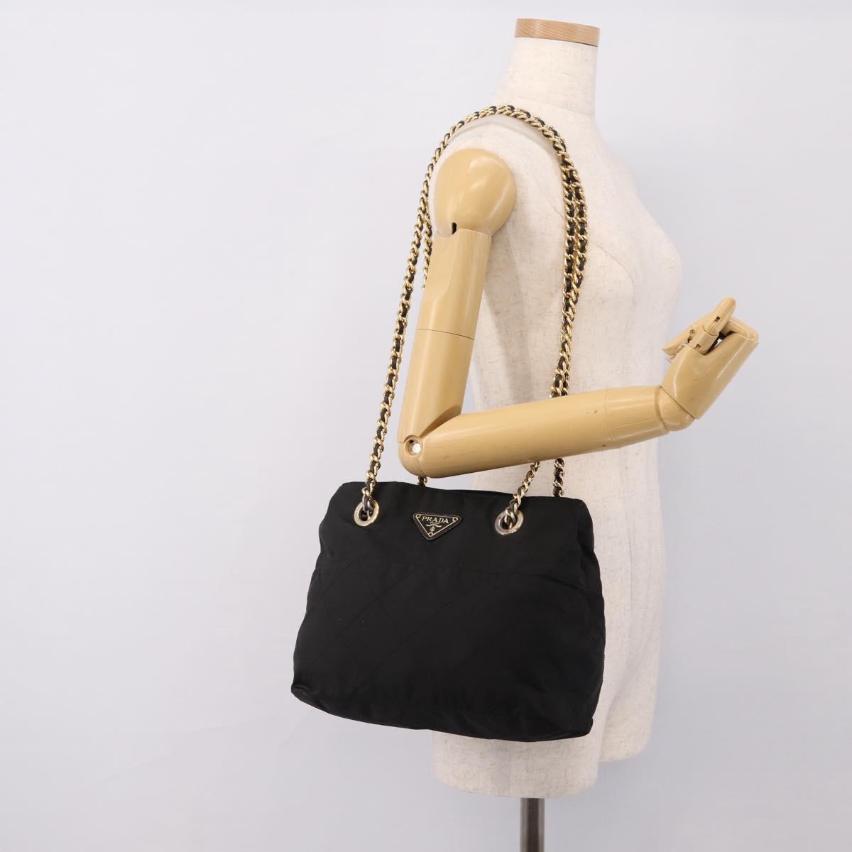 PRADA Chain Shoulder Bag Nylon Black Gold Tone Auth 202186A