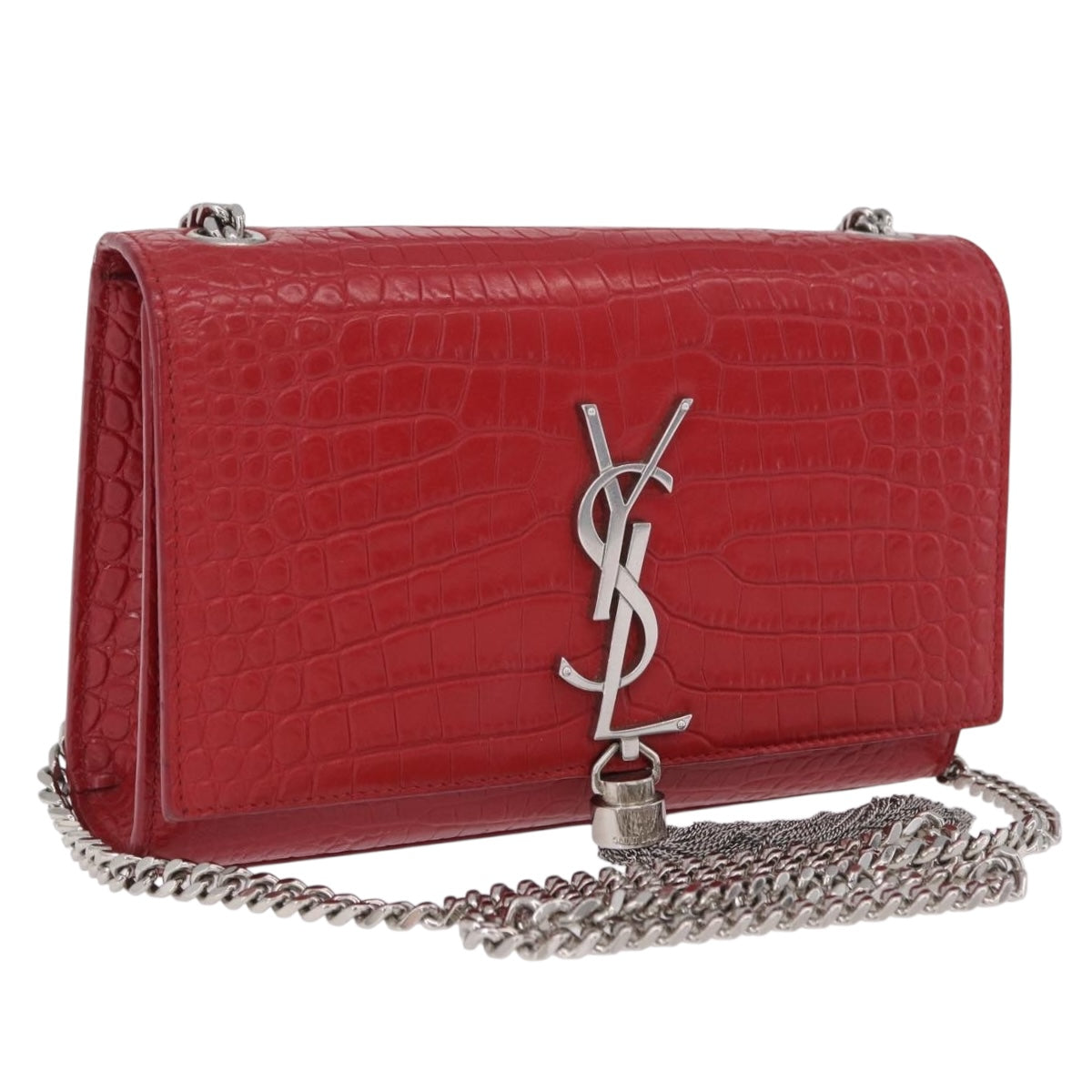 SAINT LAURENT Chain Kate Shoulder Bag Leather Red Silver Auth 202203V