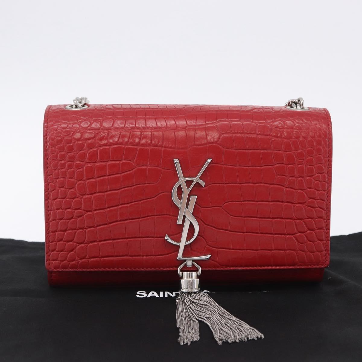 SAINT LAURENT Chain Kate Shoulder Bag Leather Red Silver Auth 202203V