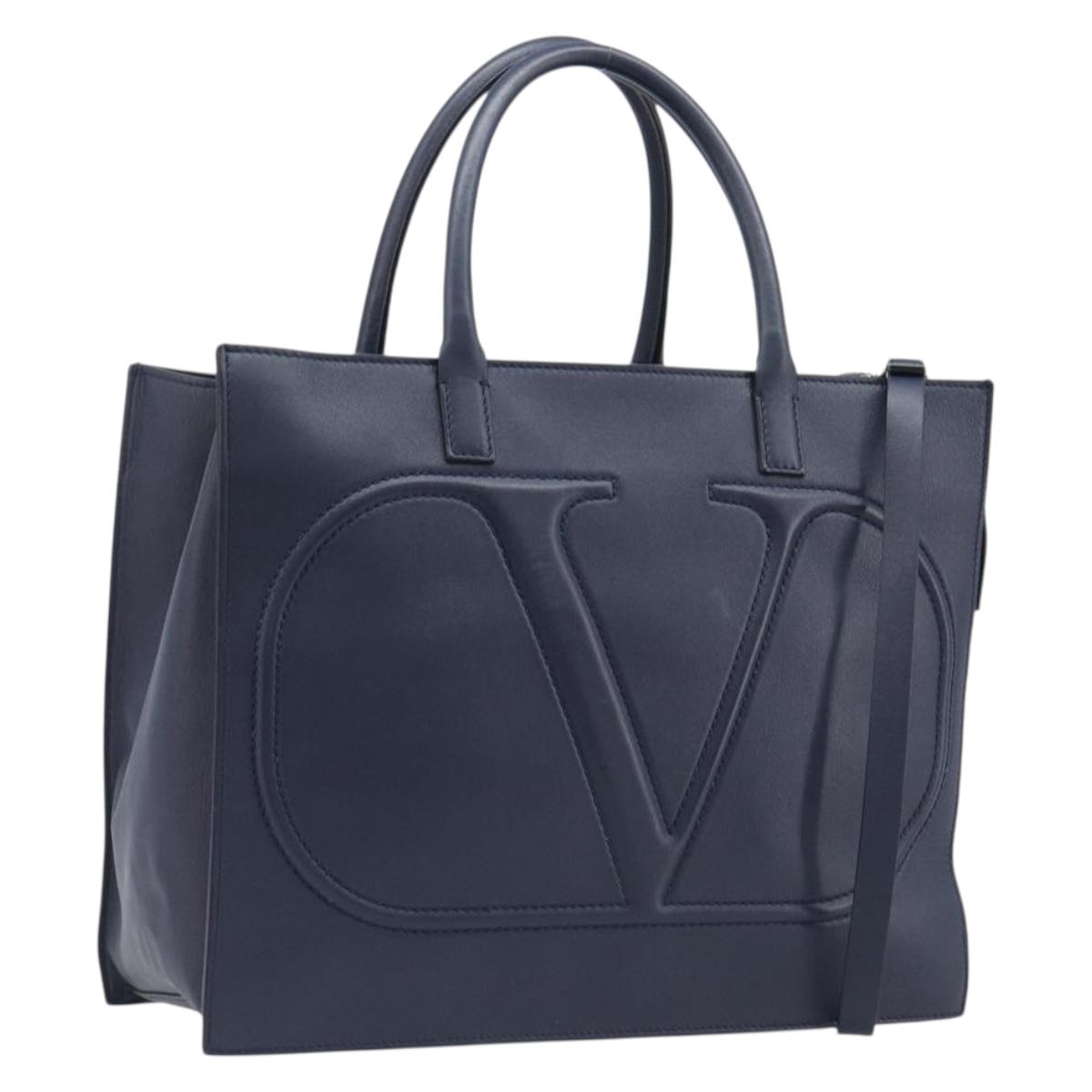 VALENTINO Hand Bag Leather 2way Navy Gold Auth 202206V