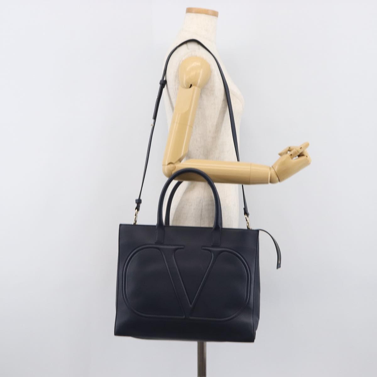VALENTINO Hand Bag Leather 2way Navy Gold Auth 202206V