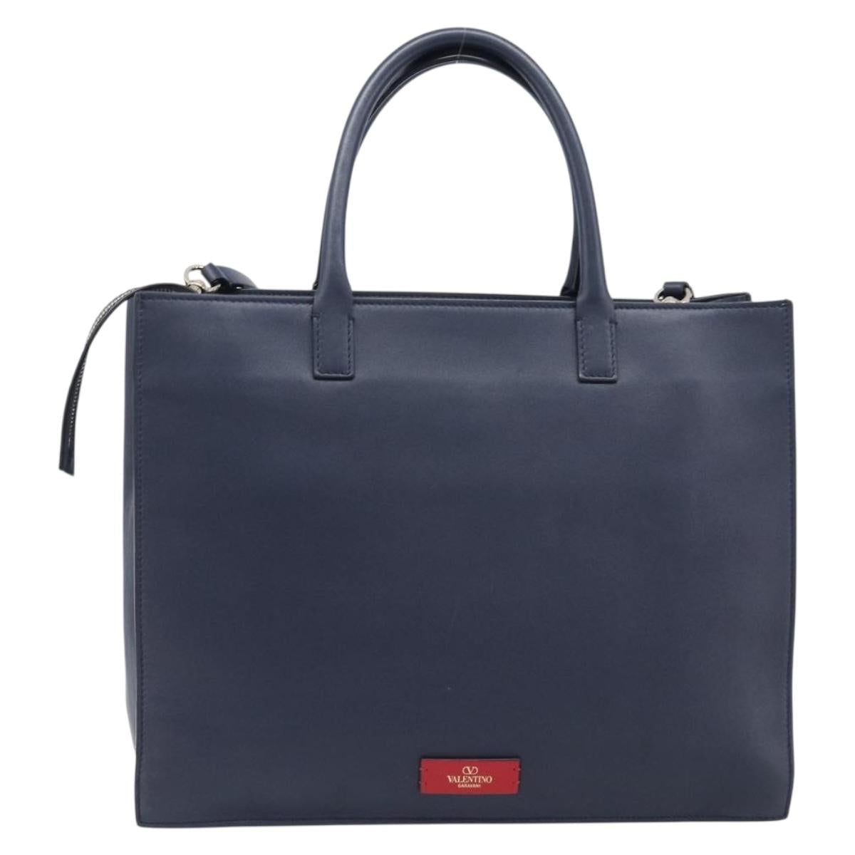 VALENTINO Hand Bag Leather 2way Navy Gold Auth 202206V