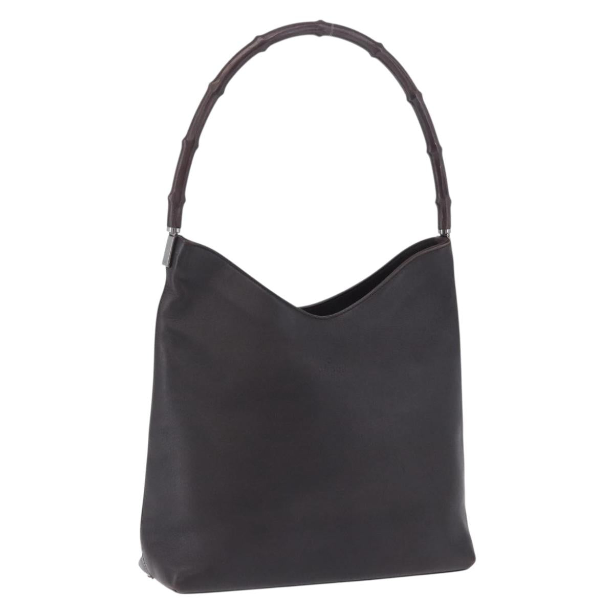 GUCCI Bamboo Shoulder Bag Leather Dark Brown Silver 001 3244 Auth 202214A