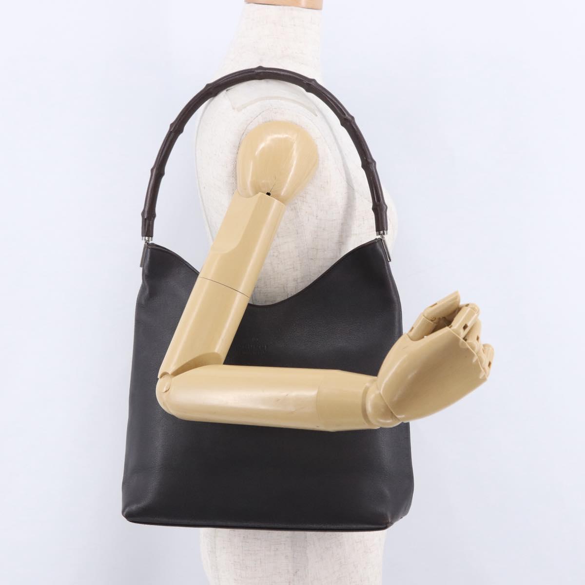 GUCCI Bamboo Shoulder Bag Leather Dark Brown Silver 001 3244 Auth 202214A