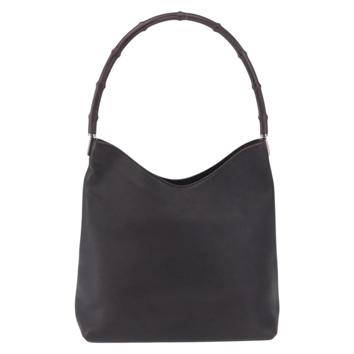 GUCCI Bamboo Shoulder Bag Leather Dark Brown Silver 001 3244 Auth 202214A