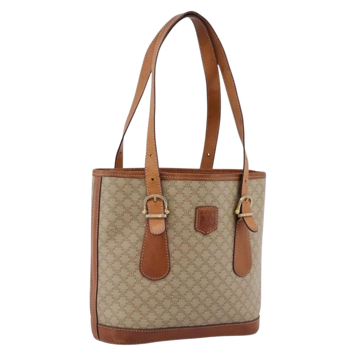CELINE Macadam Tote Bag PVC Leather Beige Gold Tone Auth 202219