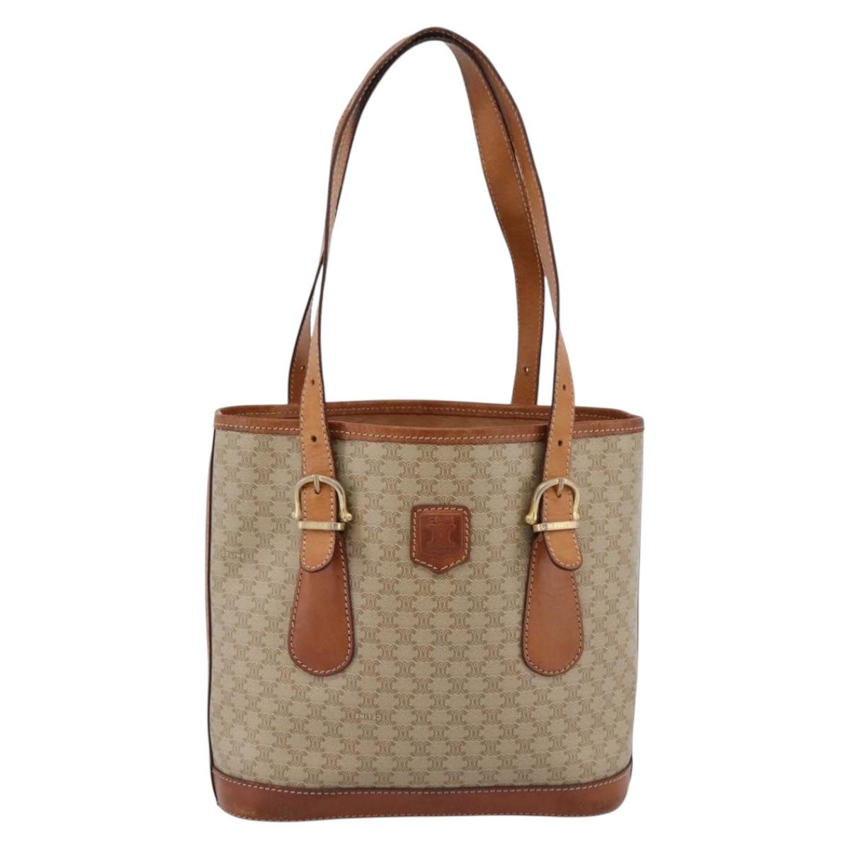 CELINE Macadam Tote Bag PVC Leather Beige Gold Tone Auth 202219