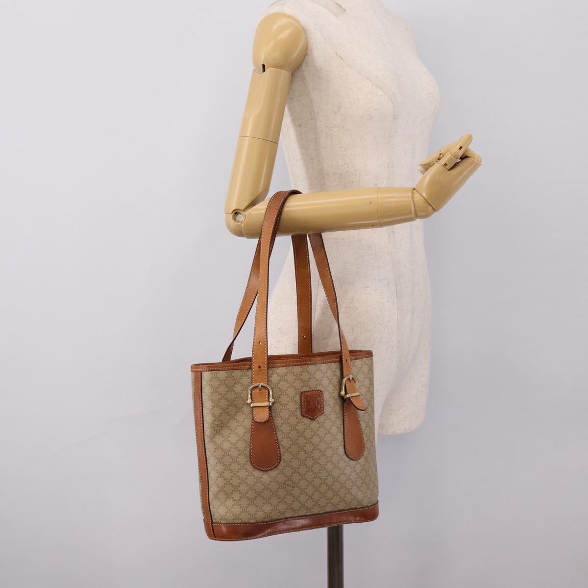 CELINE Macadam Tote Bag PVC Leather Beige Gold Tone Auth 202219