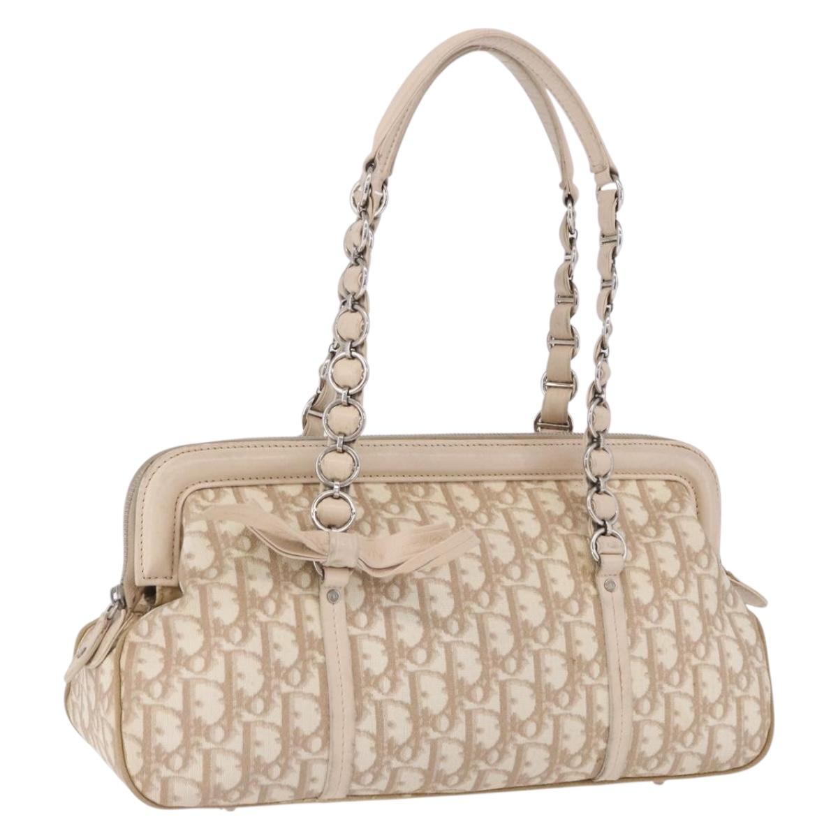 Christian Dior Romantic Chain Shoulder Bag PVC Leather Beige Silver Auth 202221A