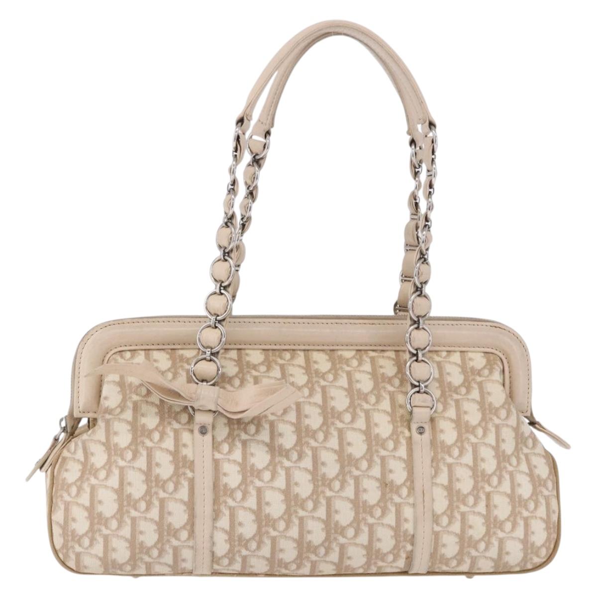Christian Dior Romantic Chain Shoulder Bag PVC Leather Beige Silver Auth 202221A