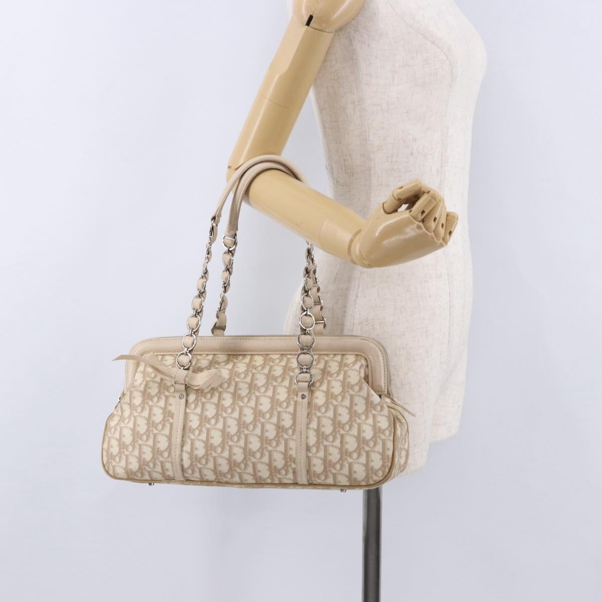 Christian Dior Romantic Chain Shoulder Bag PVC Leather Beige Silver Auth 202221A