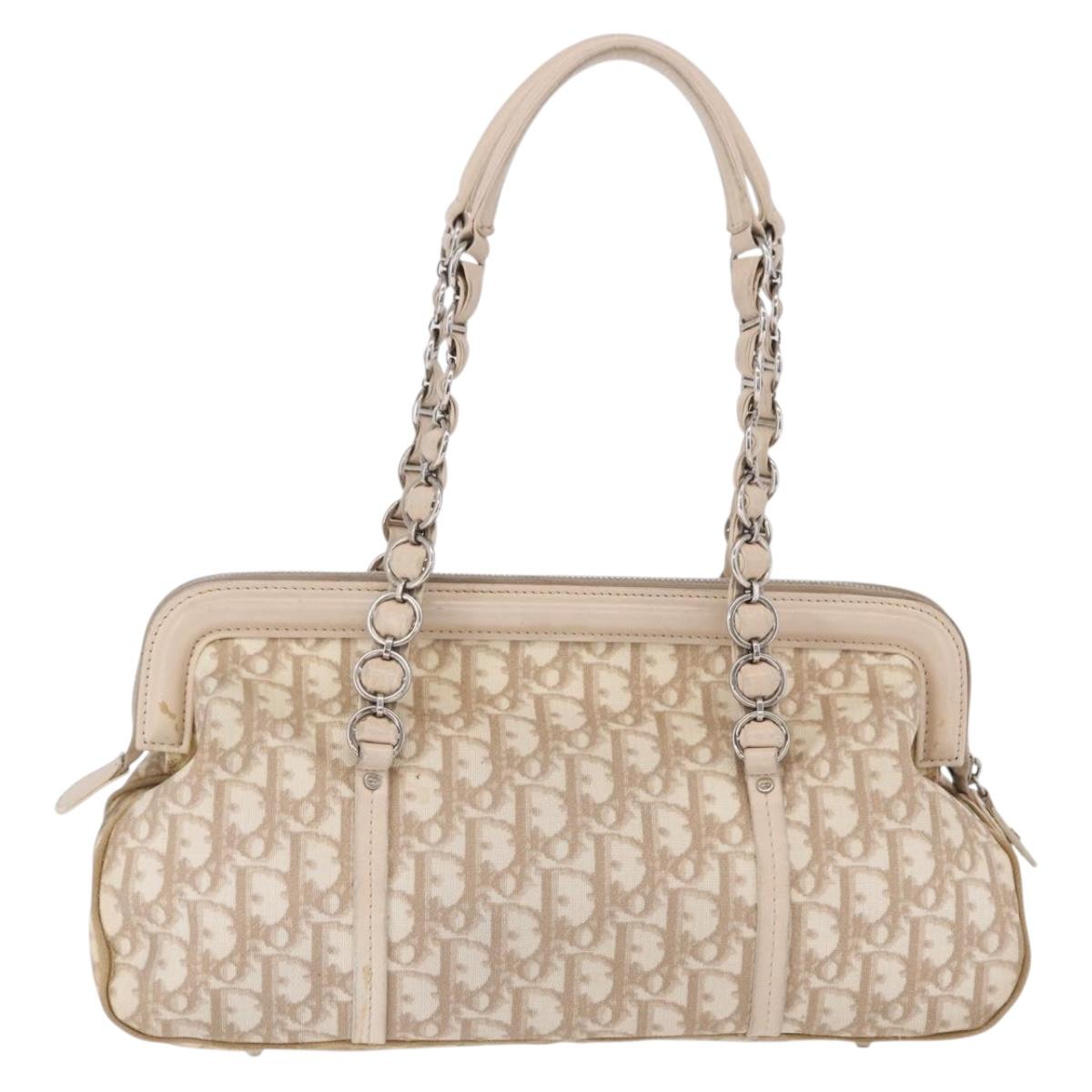 Christian Dior Romantic Chain Shoulder Bag PVC Leather Beige Silver Auth 202221A
