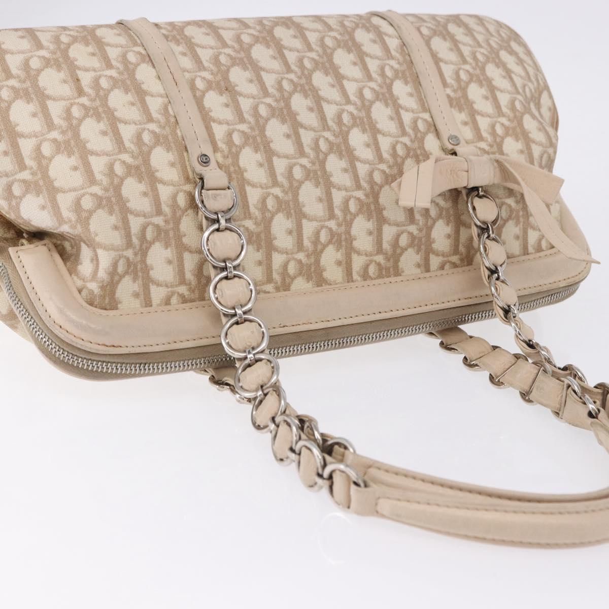 Christian Dior Romantic Chain Shoulder Bag PVC Leather Beige Silver Auth 202221A