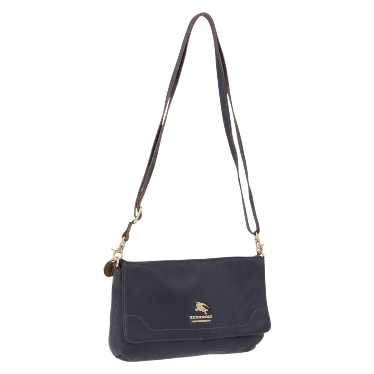 BURBERRY Shoulder Bag Leather Navy Gold Tone Auth 202255