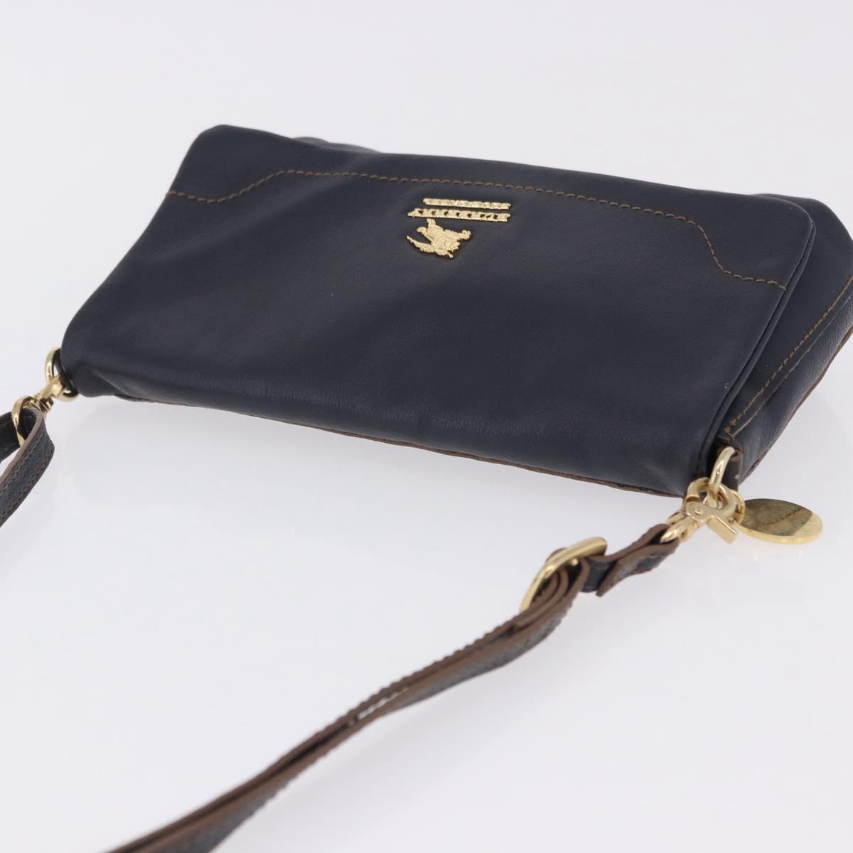 BURBERRY Shoulder Bag Leather Navy Gold Tone Auth 202255