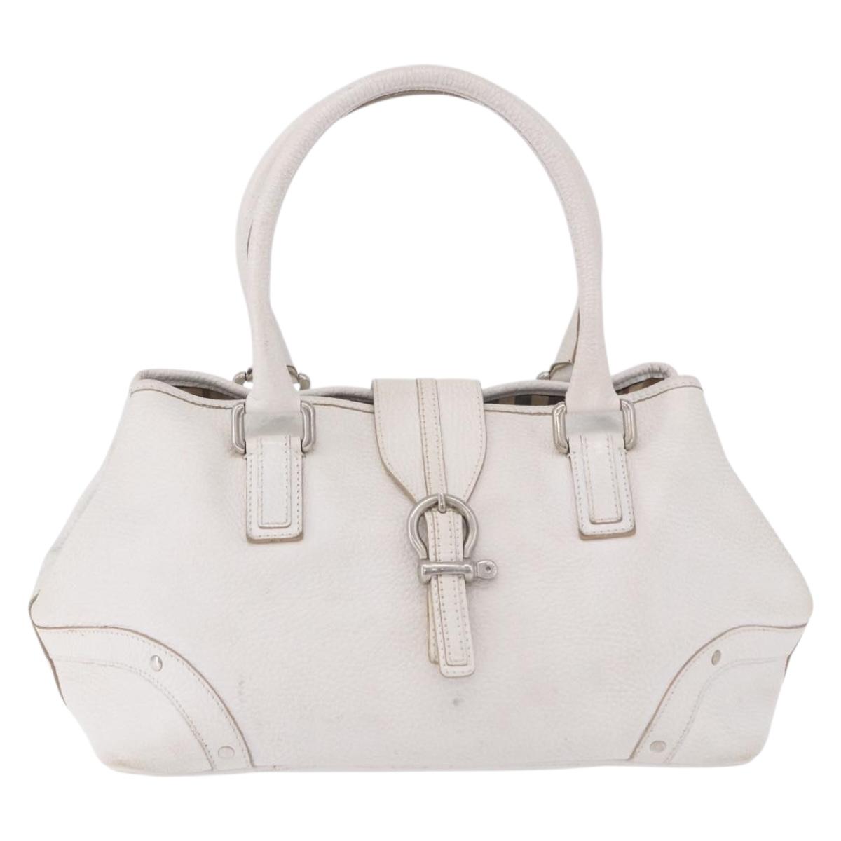 BURBERRY Hand Bag Leather White Silver Auth 202261