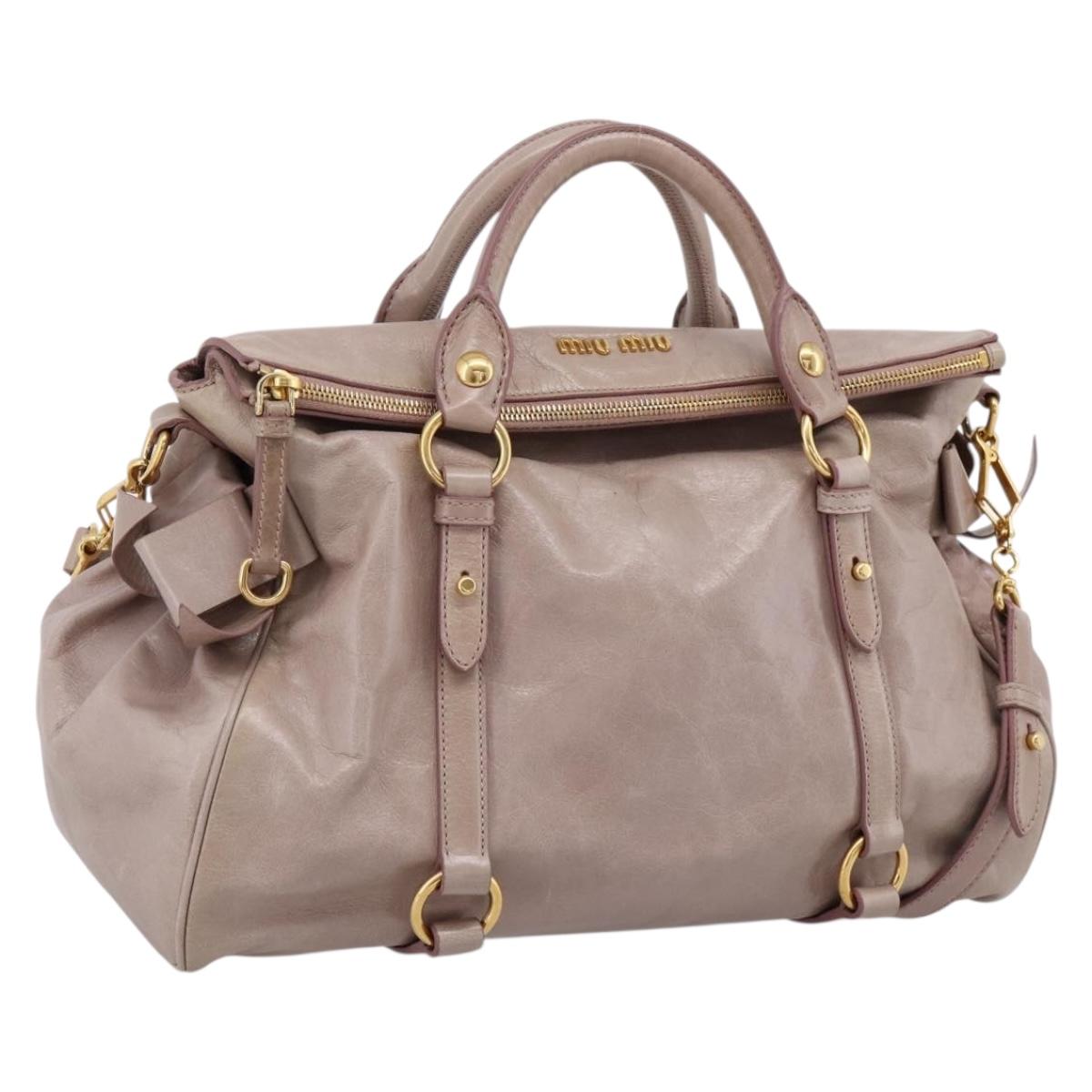 Miu Miu Vitellolux Hand Bag Leather 2way Gray Gold Auth 202277M