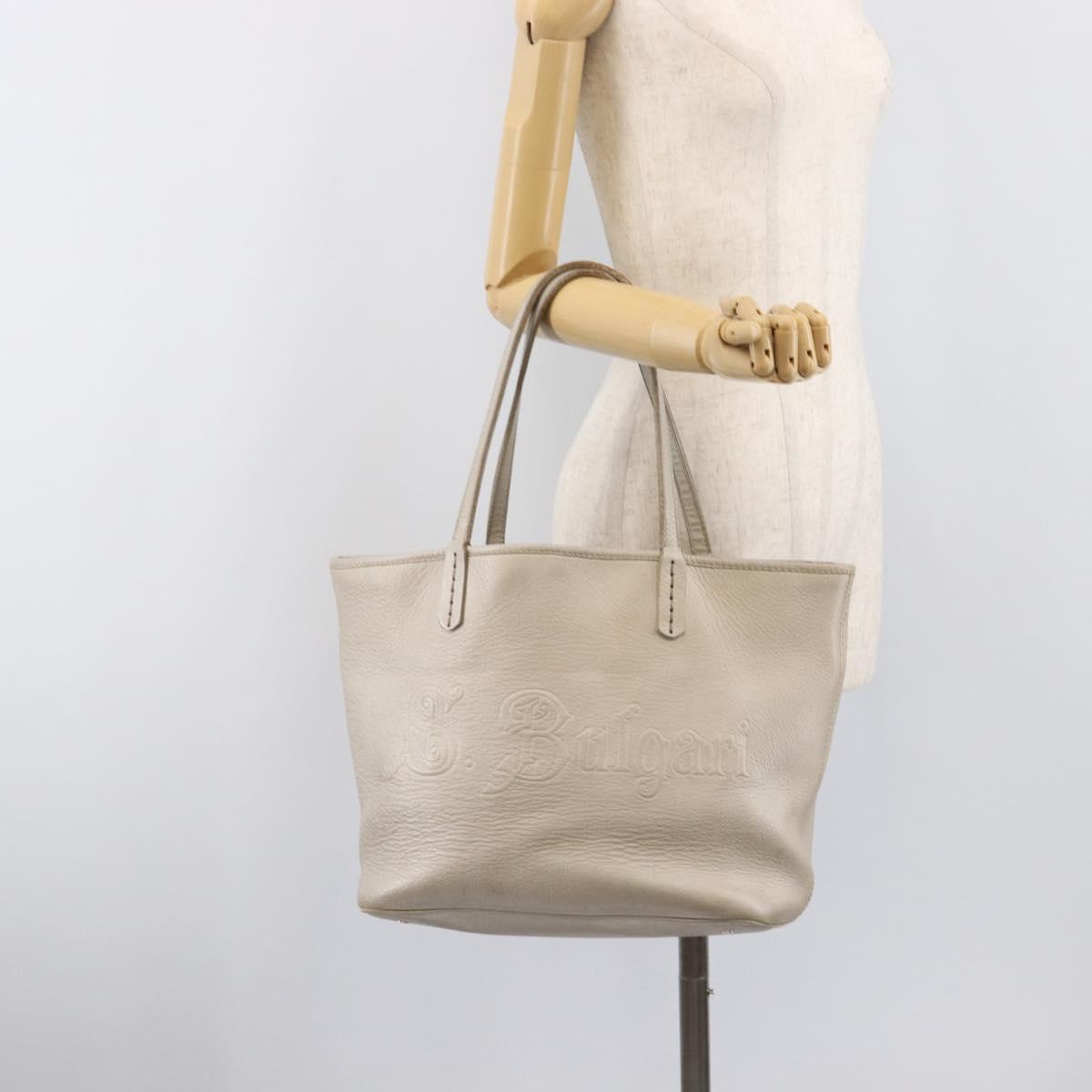 BVLGARI Tote Bag Leather Silver Auth 202279