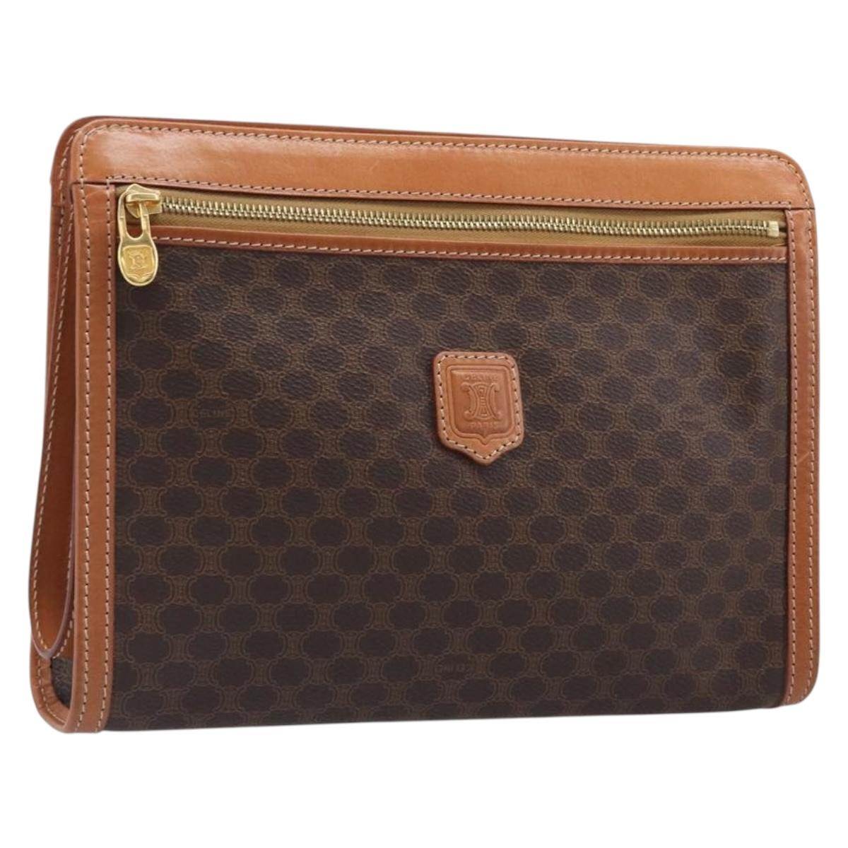 CELINE Macadam Clutch Bag PVC Leather Brown Gold Tone Auth 202284A