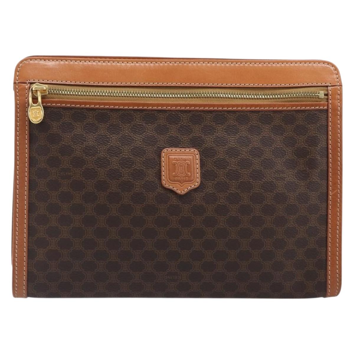 CELINE Macadam Clutch Bag PVC Leather Brown Gold Tone Auth 202284A
