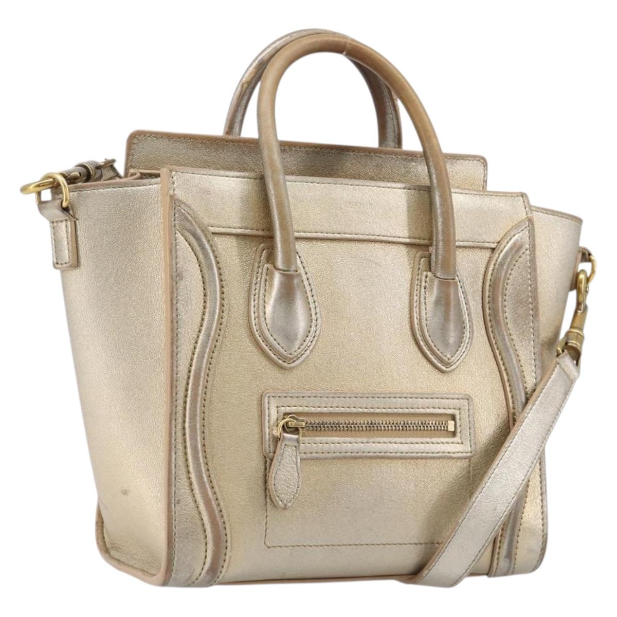 CELINE Luggage Nano Shopper Hand Bag Leather 2way Gold Auth 202288A