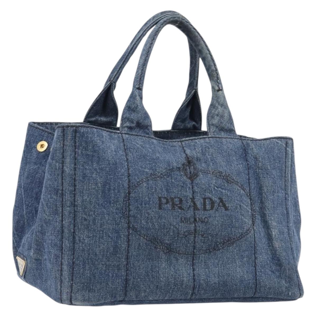 PRADA Canapa MM Hand Bag Denim Blue Gold Tone Auth 202300A