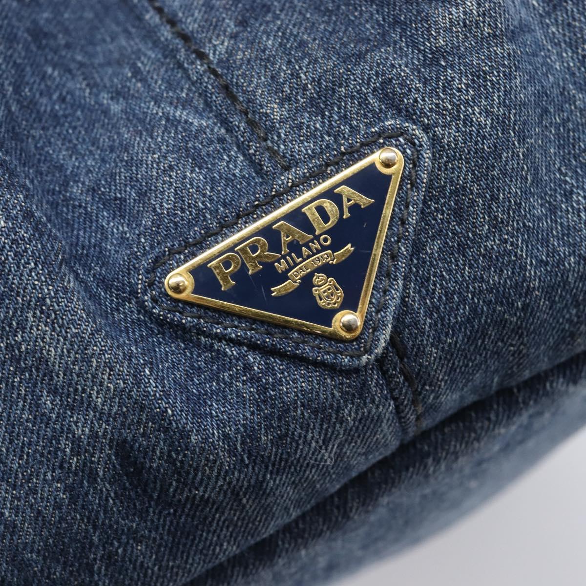 PRADA Canapa MM Hand Bag Denim Blue Gold Tone Auth 202300A
