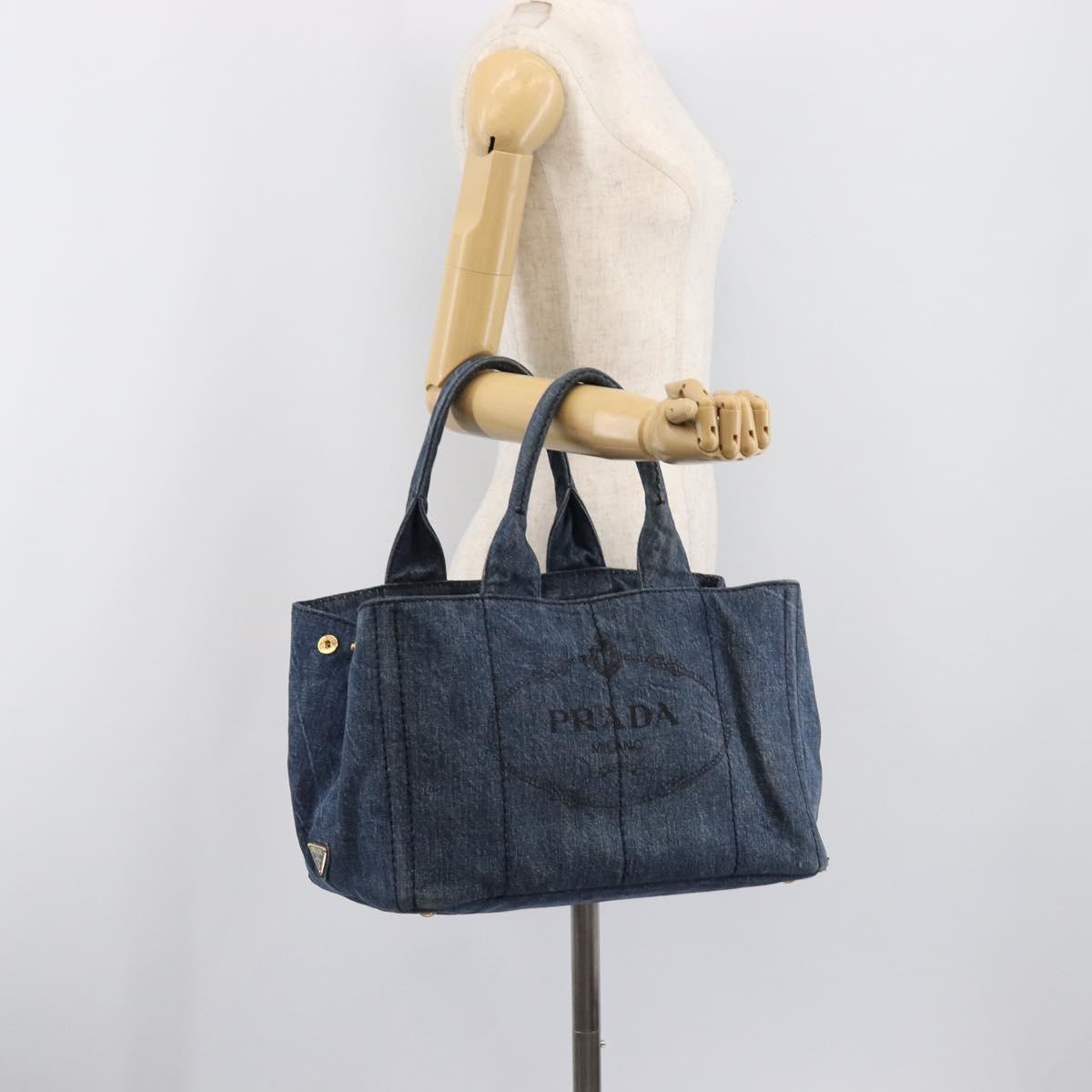 PRADA Canapa MM Hand Bag Denim Blue Gold Tone Auth 202300A