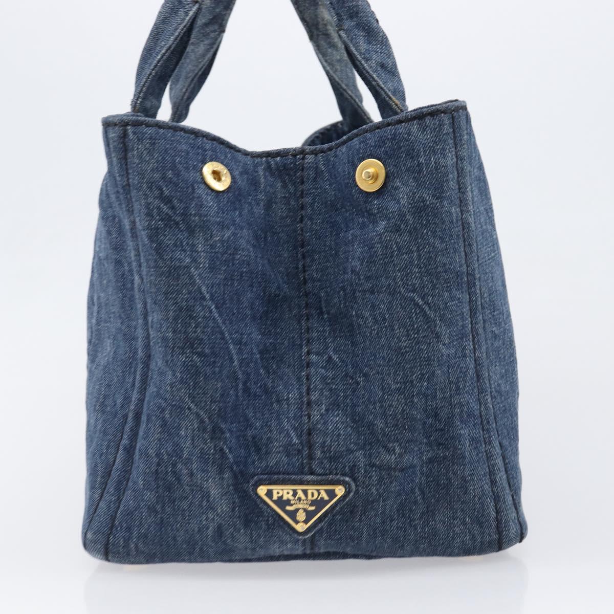 PRADA Canapa MM Hand Bag Denim Blue Gold Tone Auth 202300A