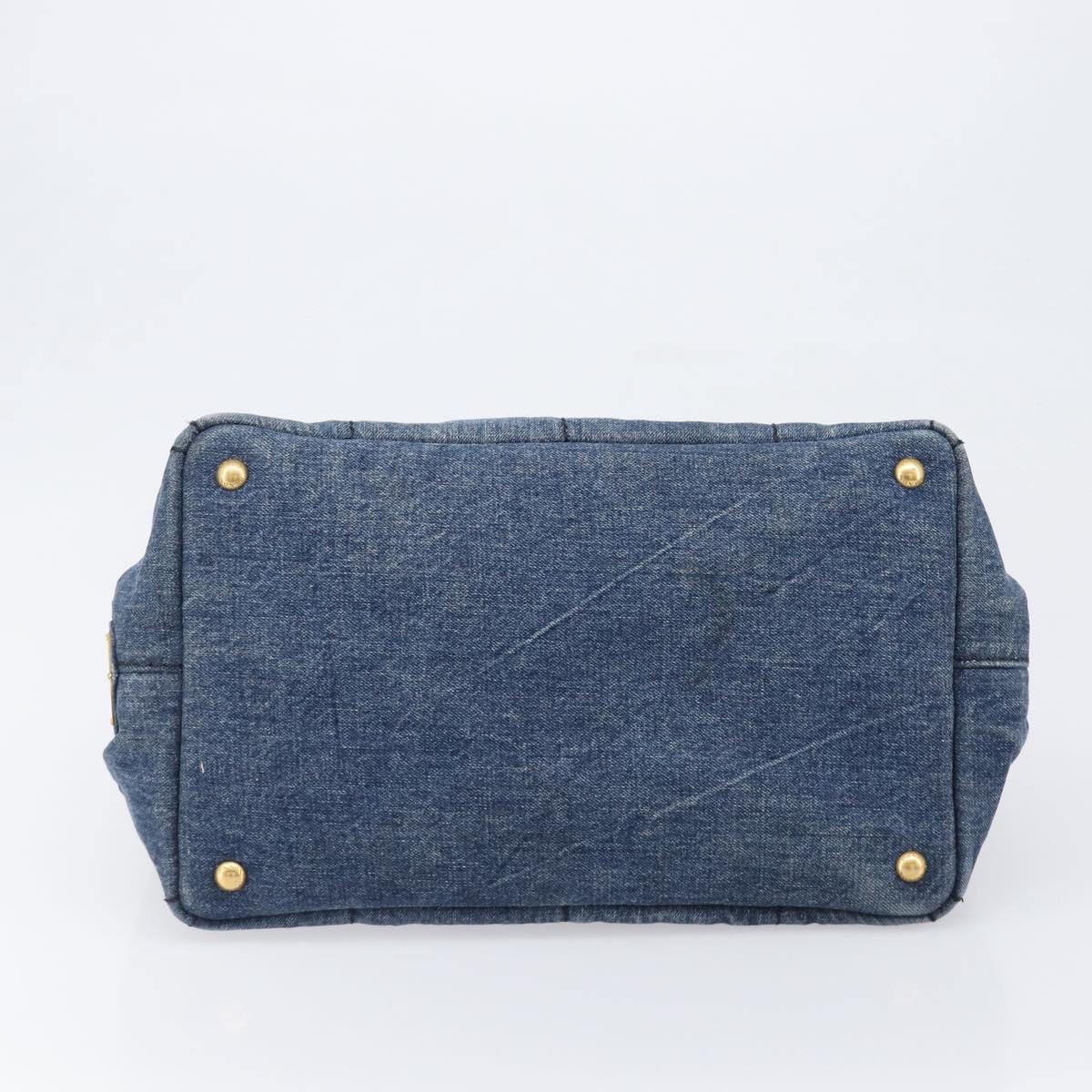 PRADA Canapa MM Hand Bag Denim Blue Gold Tone Auth 202300A