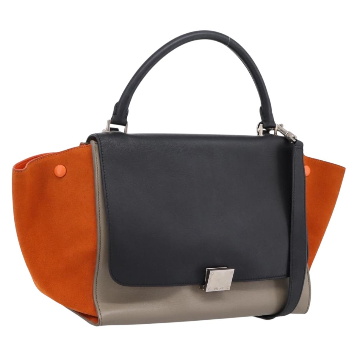 CELINE Trapeze Hand Bag Leather 2way Orange Silver Auth 202307V