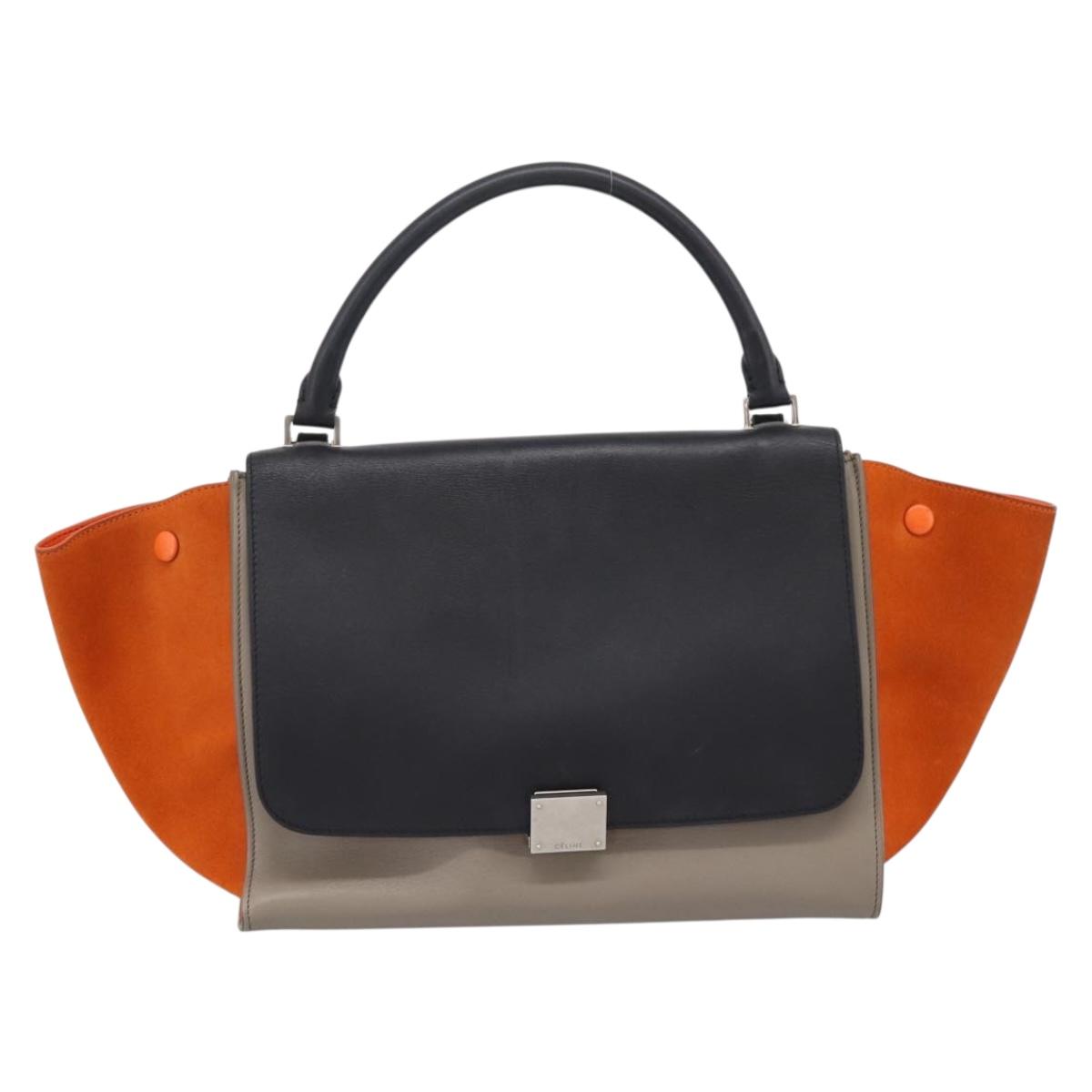 CELINE Trapeze Hand Bag Leather 2way Orange Silver Auth 202307V