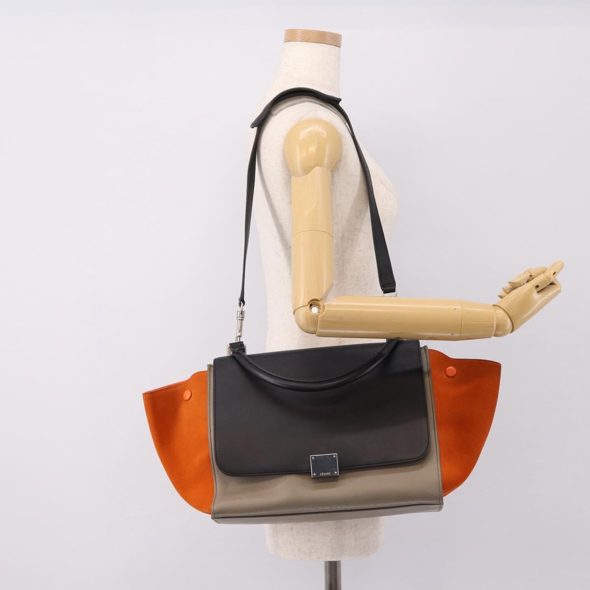 CELINE Trapeze Hand Bag Leather 2way Orange Silver Auth 202307V