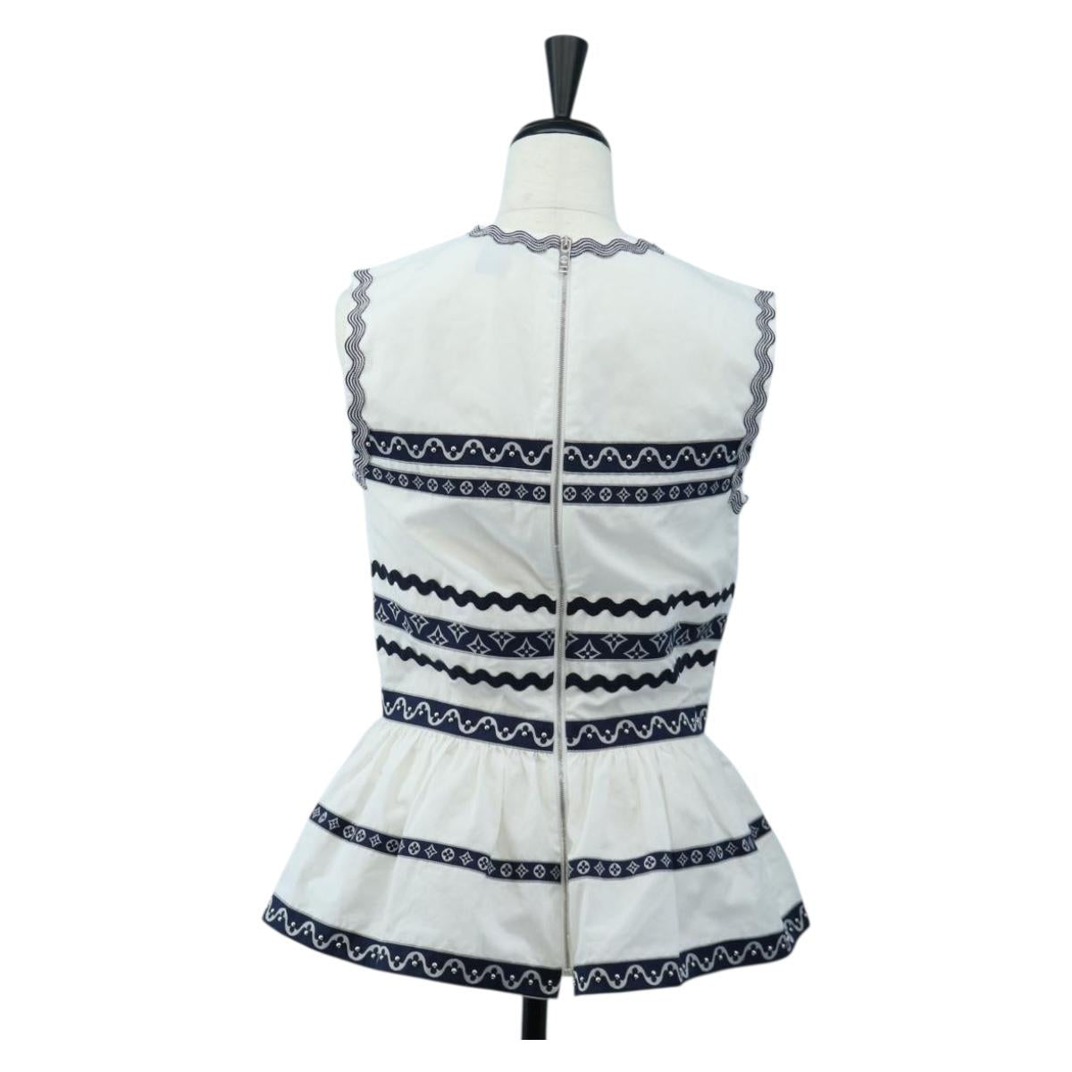 LOUIS VUITTON Sleeveless Top Cotton White Blue LV Auth 202320M