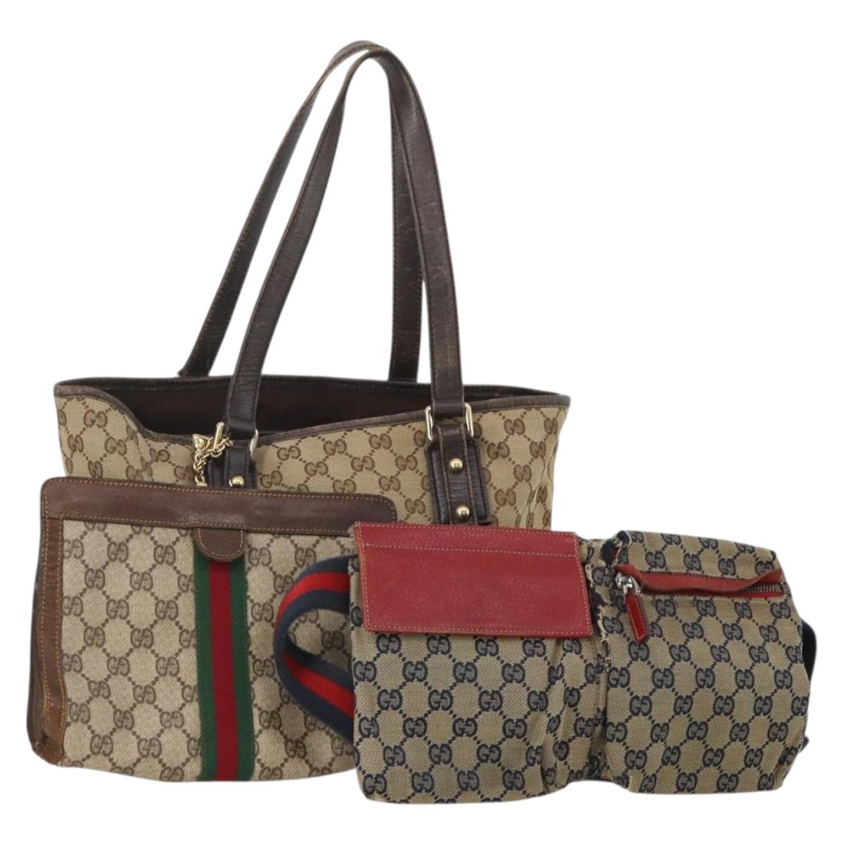 GUCCI GG Canvas Supreme Sherry Line Waist Clutch Tote 3 Set Beige Auth 202333