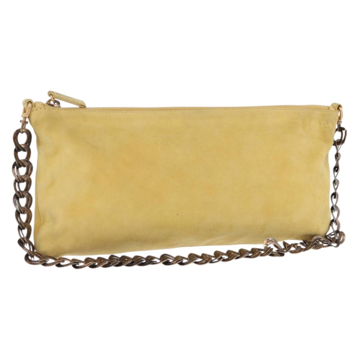 PRADA Chain Shoulder Bag Suede Yellow Gold Auth 202450