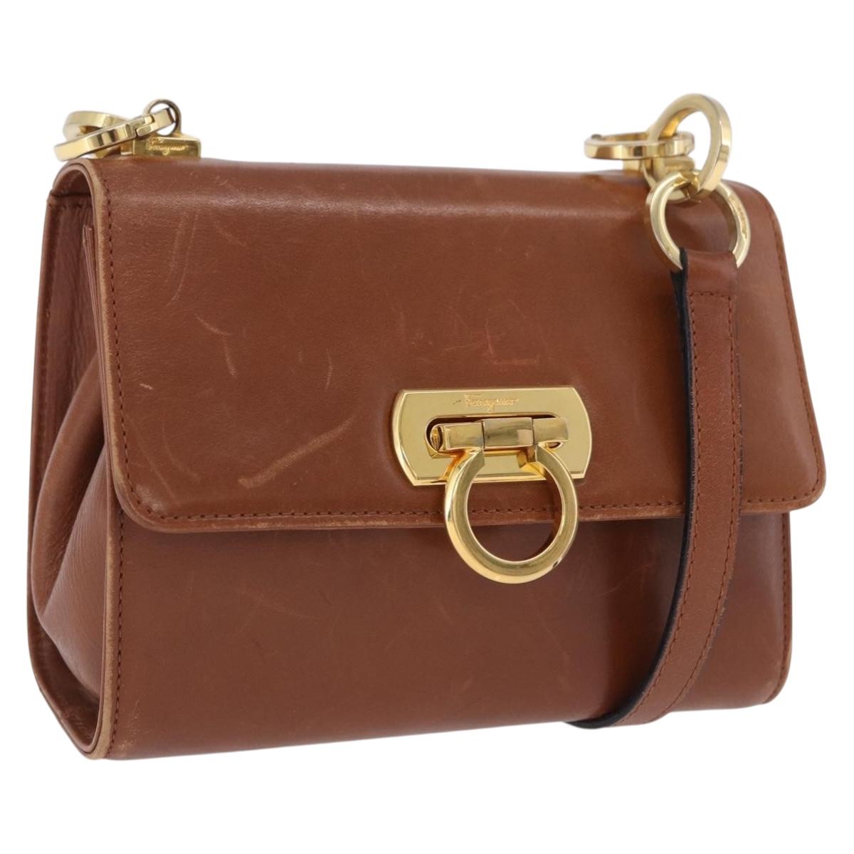 Salvatore Ferragamo Gancini Shoulder Bag Leather Brown Gold Auth 202457