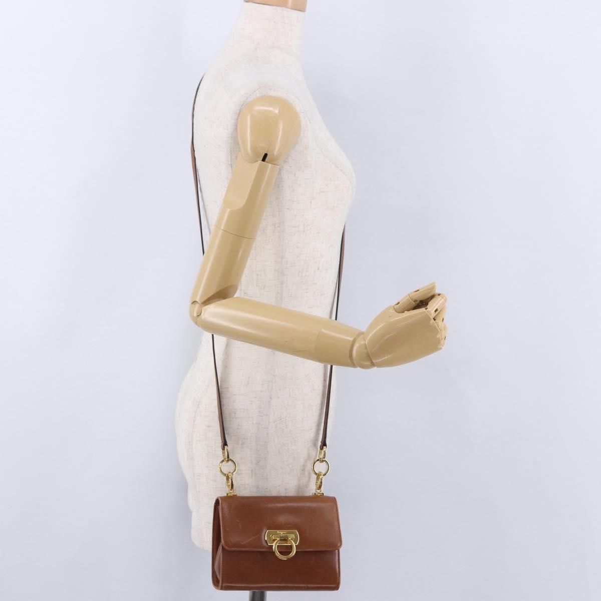 Salvatore Ferragamo Gancini Shoulder Bag Leather Brown Gold Auth 202457