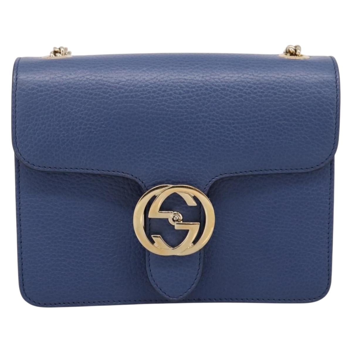 GUCCI Interlocking G Chain Shoulder Bag Leather Blue Gold 510304 Auth 202459V