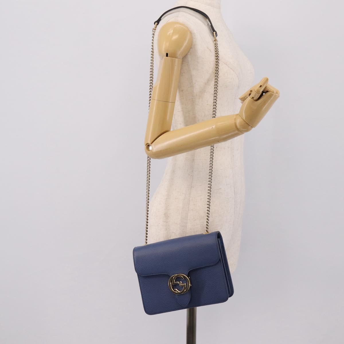 GUCCI Interlocking G Chain Shoulder Bag Leather Blue Gold 510304 Auth 202459V