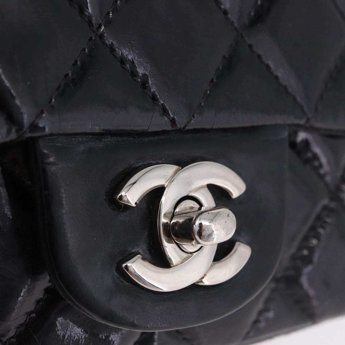 CHANEL Chain Mini Matelasse 16 Bag Patent leather Black Silver CC Auth 202465