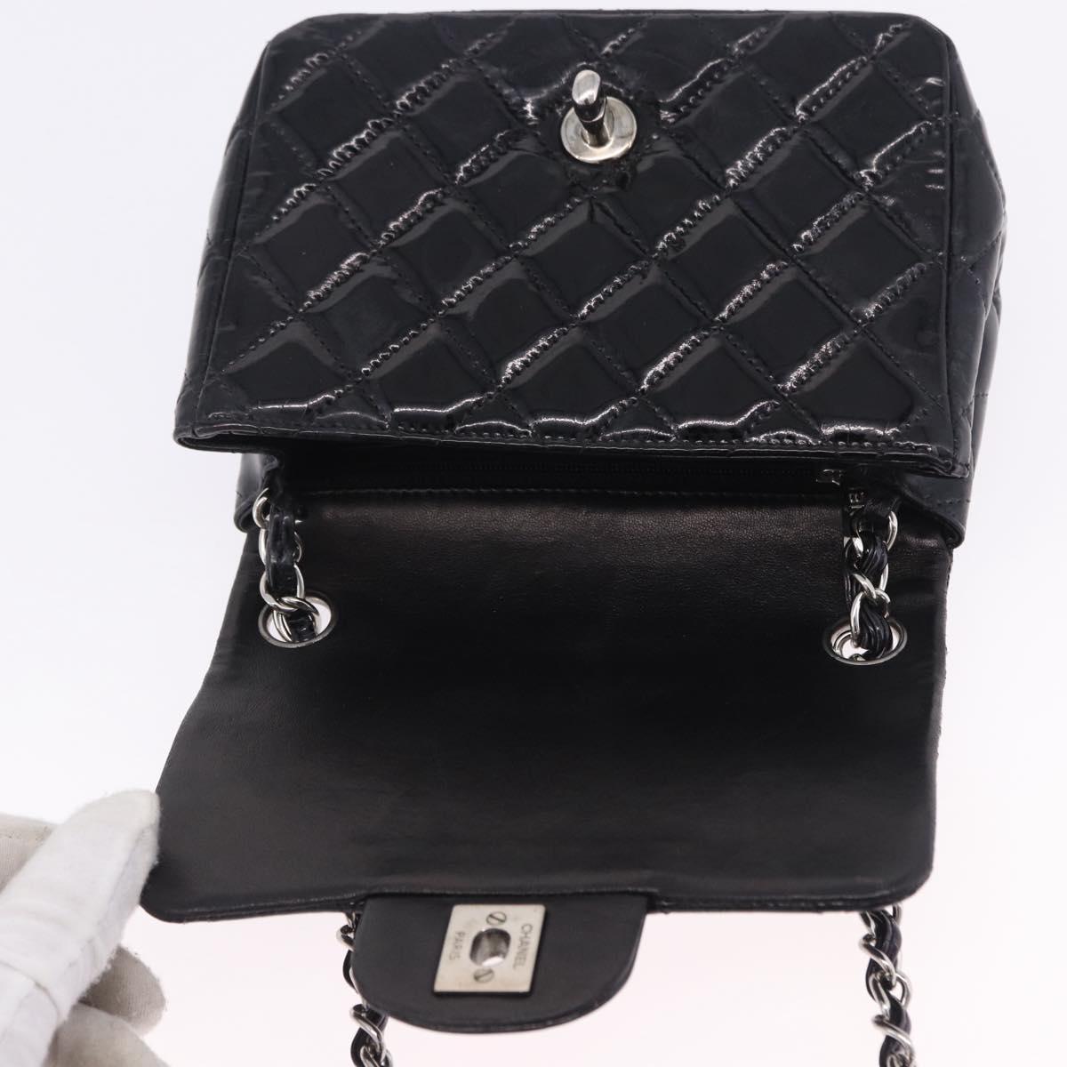 CHANEL Chain Mini Matelasse 16 Bag Patent leather Black Silver CC Auth 202465