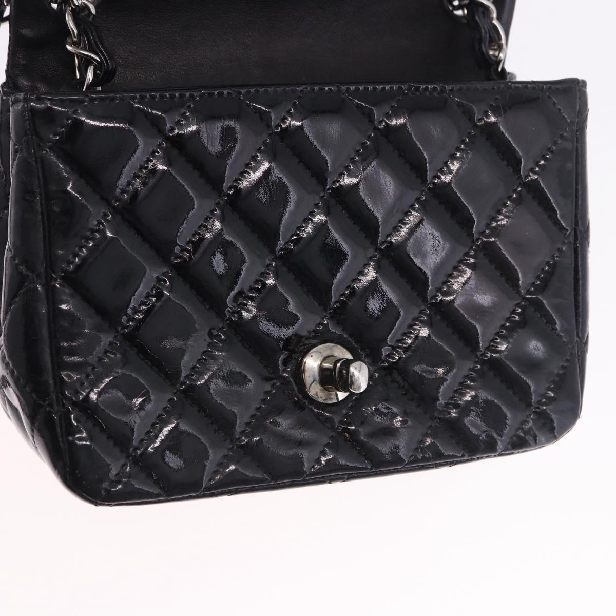 CHANEL Chain Mini Matelasse 16 Bag Patent leather Black Silver CC Auth 202465