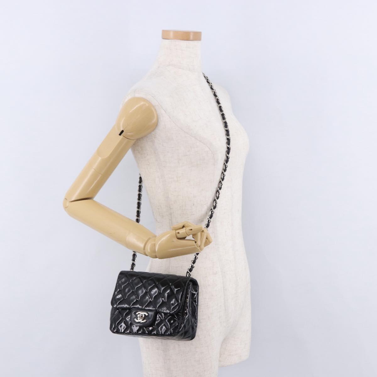 CHANEL Chain Mini Matelasse 16 Bag Patent leather Black Silver CC Auth 202465