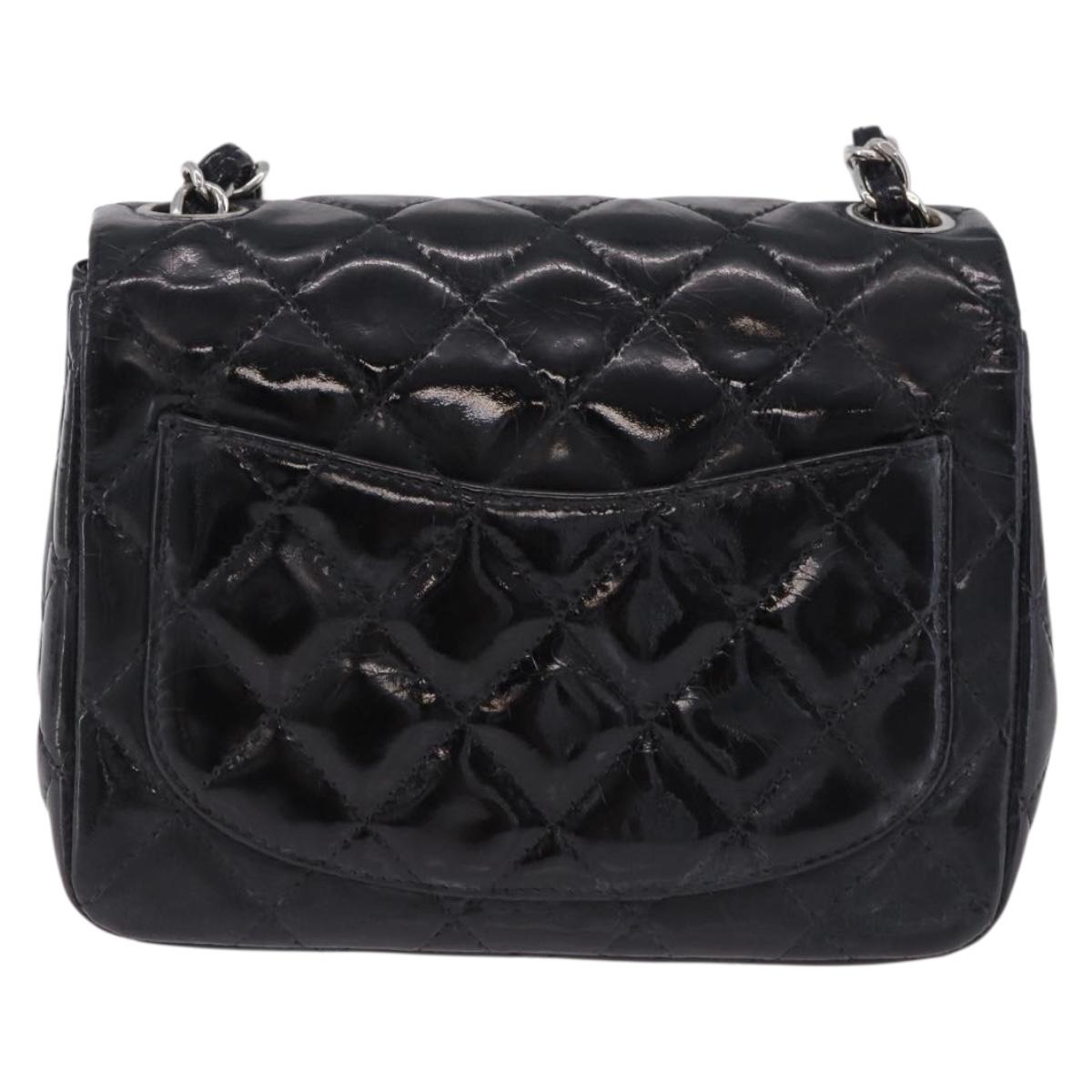 CHANEL Chain Mini Matelasse 16 Bag Patent leather Black Silver CC Auth 202465