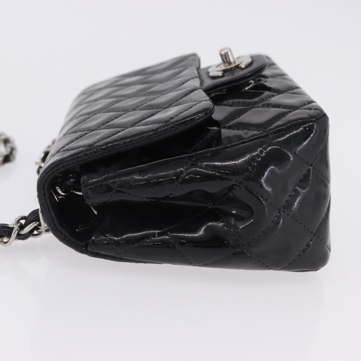 CHANEL Chain Mini Matelasse 16 Bag Patent leather Black Silver CC Auth 202465