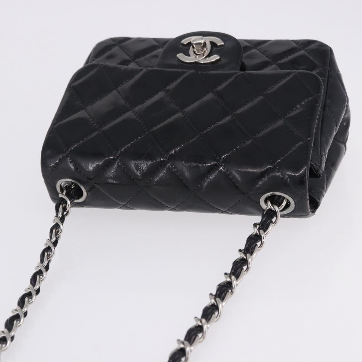 CHANEL Chain Mini Matelasse 16 Bag Patent leather Black Silver CC Auth 202465