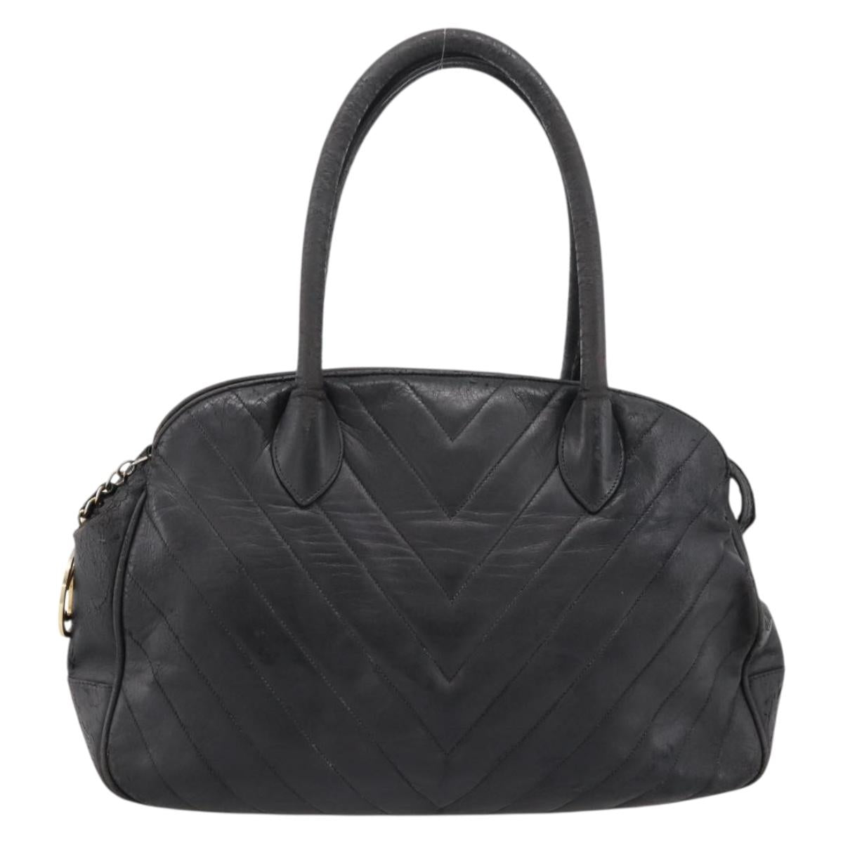 CHANEL V Stitch Hand Bag Leather Black Gold CC Auth 202466